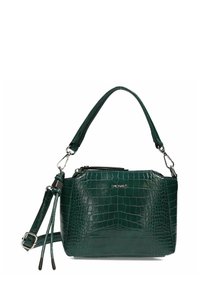 Bolso pequeño de color verde oscuro con textura de cocodrilo, correa de hombro desmontable y asa corta, con la marca "Picard" en la parte frontal.