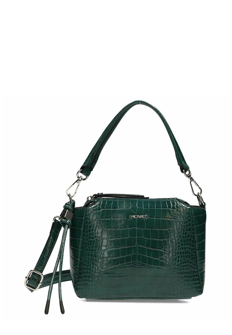 Bolso pequeño de color verde oscuro con textura de cocodrilo, correa de hombro desmontable y asa corta, con la marca "Picard" en la parte frontal.