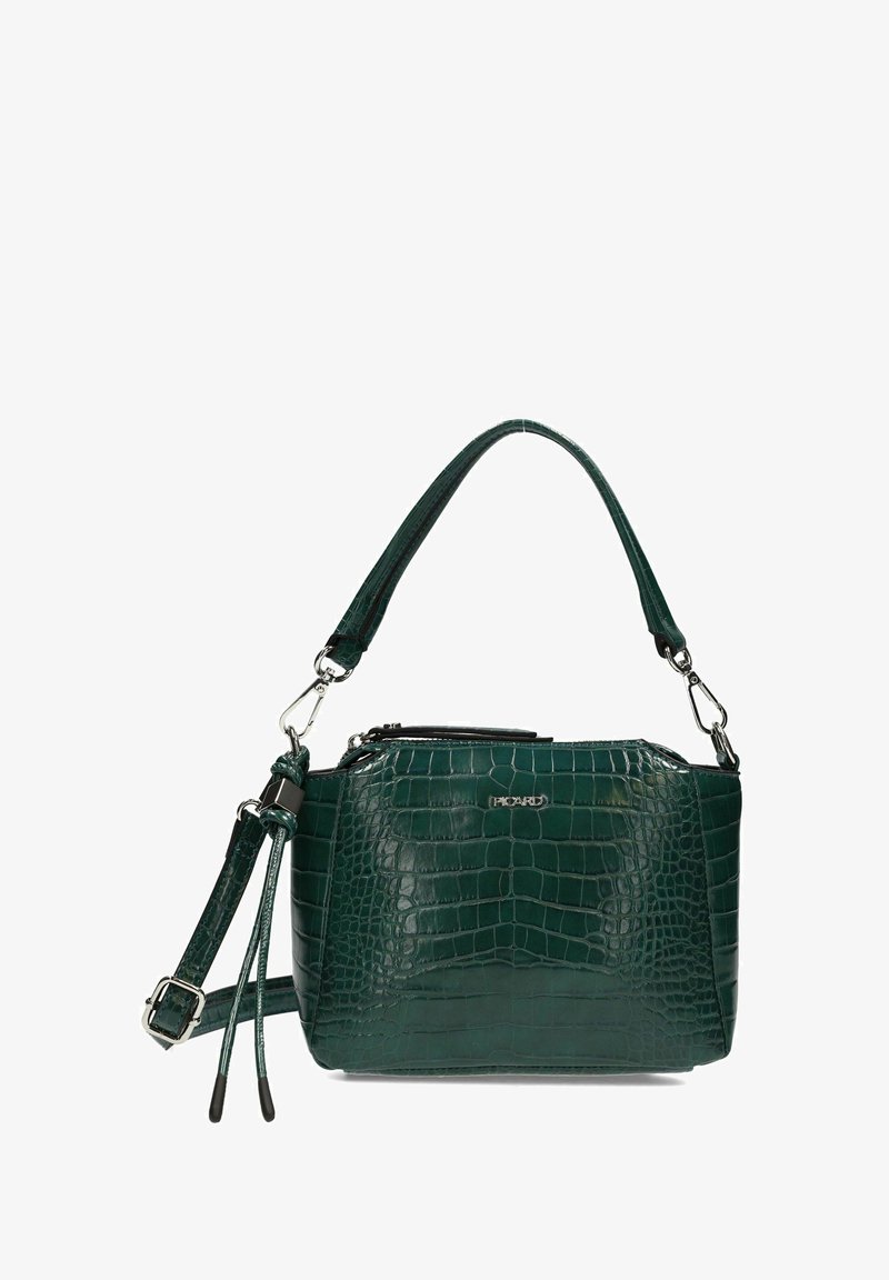 Dunkelgrüne kleine Handtasche mit Krokodilstruktur, abnehmbarem Schulterriemen und kurzem Griff, auf der Vorderseite mit "Picard"-Logo.