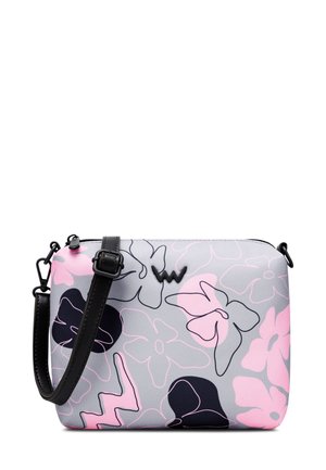 Floral-patterned handbag in gray with pink and black accents, featuring a zip closure and an adjustable black strap. Smooth textured material.