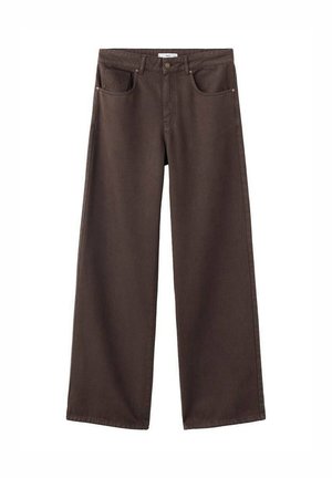 Pantalons en denim à jambe large de couleur marron foncé, avec poches avant, taille standard et design classique à cinq poches. Texture douce et robuste.