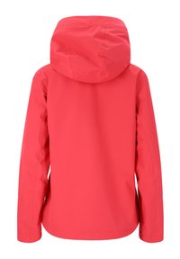 Waterproof pink jacket with a hood, smooth texture, long sleeves, and stitched detailing. Designed for outdoor use, featuring a casual cut.