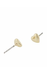 Guldtonade hjärtformade stiftörhängen med en slät, glänsande yta, som har en liten utskuren hjärtinformation. Metallstift på baksidan för säker passform.