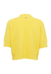 Maglione giallo a maniche corte, con polsini e orlo a costine, texture morbida e scollatura rotonda. Presenta un piccolo logo sul retro.