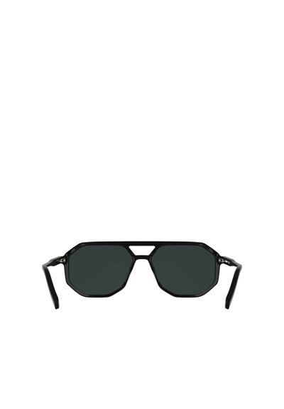 Lunettes de soleil noires octogonales avec des verres foncés. Cadre géométrique et pont de nez proéminent. Branches fines noires de chaque côté.