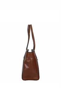 Borsa a tote in pelle marrone con una finitura leggermente lucida, dotata di due manici lunghi e una forma strutturata e affusolata. Nessuna ferramenta o motivo visibile.