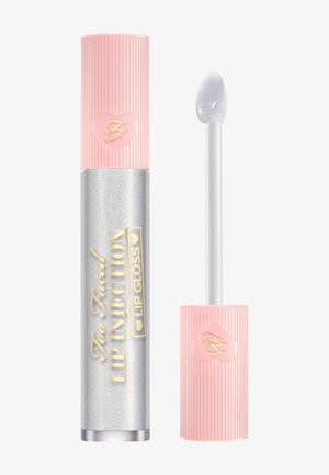 Silver glitter tube lip gloss with a pink ribbed cap featuring a heart detail. Includes a white applicator wand for easy application.