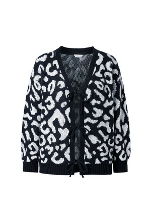 Gebreide cardigan in zwart en wit met een luipaardpatroon, met een V-hals, lange mouwen en striksluitingen aan de voorkant.