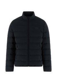 Schwarze gesteppte Jacke mit hohem Kragen, Frontreißverschluss und zwei Seitentaschen. Verfügt über eine elegante, glatte Textur und dezentes Branding auf der Brust.