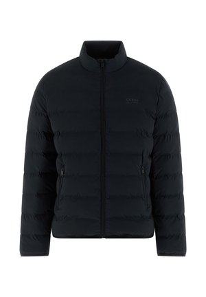 Veste matelassée noire avec un col haut, une fermeture éclair à l'avant et deux poches latérales. Elle présente une texture lisse et élégante ainsi qu'un marquage discret sur la poitrine.