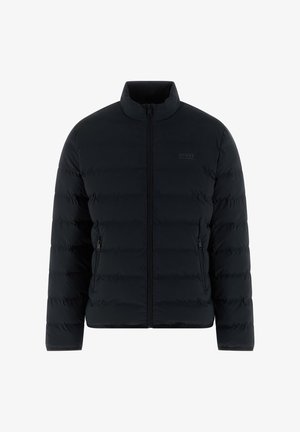 Giacca imbottita nera con collo alto, chiusura frontale con zip e due tasche laterali. Caratterizzata da una texture liscia ed elegante e da un logo discreto sul petto.