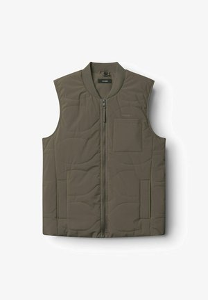 Oliven grøn quiltet vest med lynlås fortil, rund krave og brystlomme. Har flade sømme og et let, polstret design.