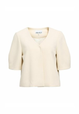 Kurzärmliges, cremefarbenes Oberteil mit V-Ausschnitt-Design, das eine klare Silhouette und glattes Material bietet, ohne sichtbare Verschlüsse.