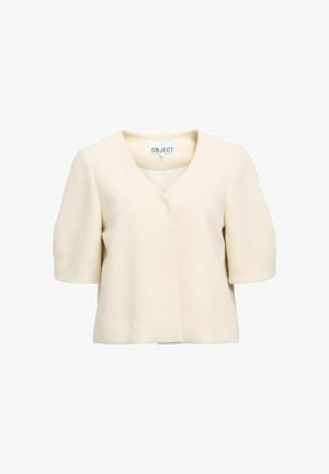 Kurzärmliges, cremefarbenes Oberteil mit V-Ausschnitt-Design, das eine klare Silhouette und glattes Material bietet, ohne sichtbare Verschlüsse.
