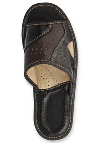 Brown and black leather slide sandal with perforated design, stitched accents, open toe, contoured footbed, and a smooth texture.