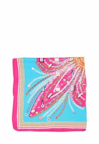 Foulard in seta con un vivace design rosa e blu, catene intricate e motivi cosmetici, bordato con accenti dorati e modelli geometrici.