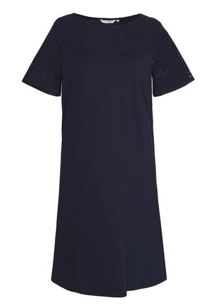 Navy blue knee-length dress with short sleeves and perforated eyelet fabric on sleeves and upper chest area.