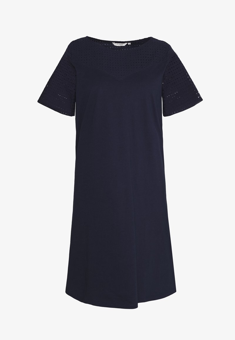 Námořnické modré šaty po kolena s krátkými rukávy a perforovanou krajkou na rukávech a horní části hrudníku.