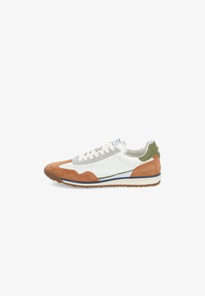 Sneaker with white leather body, brown suede toe and heel, gray suede accents, green heel tab, and white laces. Rubber sole with traction pattern.