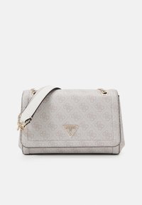 Gray patterned handbag made of synthetic material, featuring a gold logo plaque, black trim, and a detachable shoulder strap.
