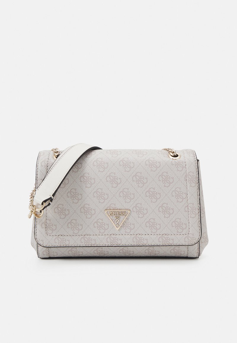 Gray patterned handbag made of synthetic material, featuring a gold logo plaque, black trim, and a detachable shoulder strap.
