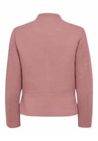 Veste rose au design structuré, avec une texture chevrons, des manches longues et un ourlet droit. Vue arrière montrant les détails des coutures.