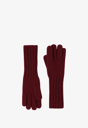 Guanti lavorati a maglia in rosso scuro, con polsini a costine, design a cinque dita e superficie testurizzata per calore e comfort.