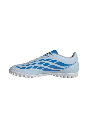 Scarpa sportiva azzurra chiaro con motivi a onde blu, chiusura frontale con lacci e suola bianca strutturata progettata per la trazione.