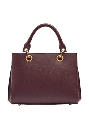 Ciemnobrązowa teksturowana skórzana torebka z zaokrąglonym uchwytem i złotymi metalowymi obrączkami, o zorganizowanym prostokątnym kształcie.