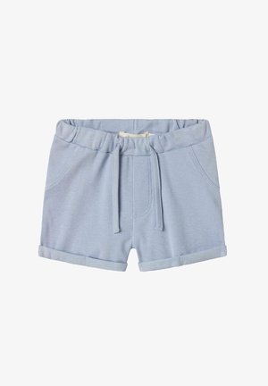 Light blue cotton shorts with an elastic waistband, drawstring, and rolled cuffs; features two side pockets and a soft texture.