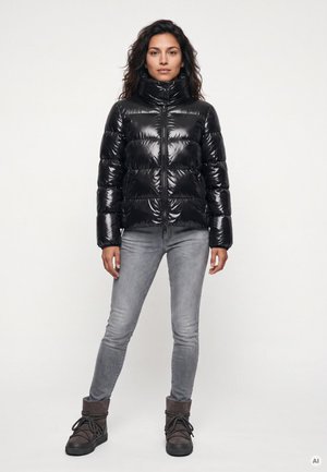 Frau steht und trägt eine glänzende schwarze Steppjacke, graue eng anliegende Jeans und dunkle geschnürte Winterstiefel vor einem einfarbigen hellen Hintergrund.