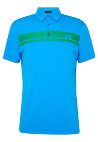 Blå slim-fit polo skjorta med grön horisontell rand och två knappar under kragen.