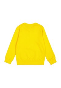 Sudadera amarilla de manga larga, cuello redondo, puños y dobladillo acanalados, textura suave y sin logo ni diseño visibles en la parte trasera.