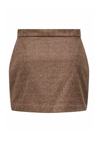 Bruine tweed mini-rok met een rechte tailleband en subtiel geruit patroon, weergegeven tegen een effen witte achtergrond.