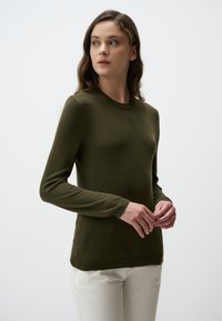 Maglione verde oliva realizzato in un tessuto a maglia strutturato, con maniche lunghe e scollo rotondo, abbinato a pantaloni chiari.