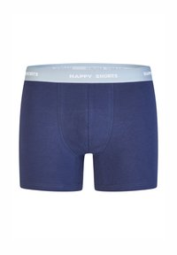 Námořnické modré boxerky s světle modrým elastickým pasem, na kterém je nápis "ŠŤASTNÉ KRÁTKÉ"; hladká textura a přiléhavý střih.