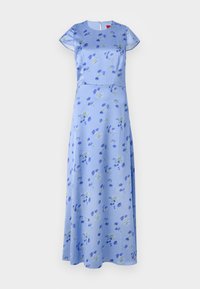 Floral print dress in light blue, short sleeves, round neckline, A-line silhouette, with green and blue flowers, zipper closure at the back.