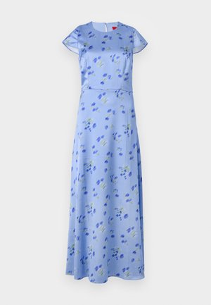 Vestido com estampa floral em azul claro, mangas curtas, decote redondo, silhueta em A, com flores verdes e azuis, fecho com zíper nas costas.