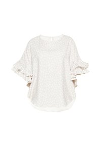 Blusa beige chiaro con maniche corte arricciate, caratterizzata da un motivo a foglie. Tessuto morbido con orlo arrotondato e apertura a chiave sulla schiena.