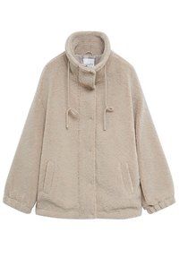 Beige fleecejakke med høj krave, knaplukning og sidelommer. Har et blødt, struktureret stof og justerbare snore.