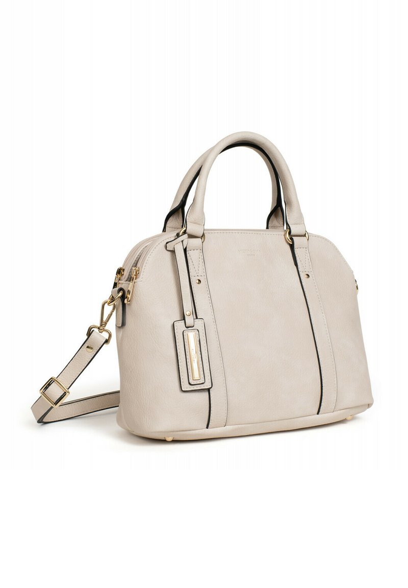 Borsa a tracolla in pelle beige con forma arrotondata, accessori in oro, strisce di accentuazione nere, doppio manico superiore e tracolla removibile.
