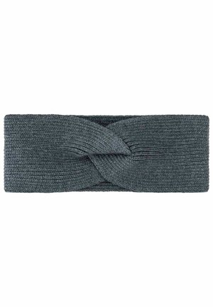 Donkergrijze gebreide hoofdband met een gedraaide knoop in het midden, breed en geribbelde structuur.