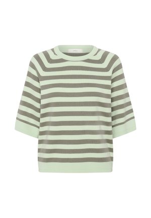 Pull en maille à manches courtes avec des rayures horizontales gris et vert menthe clair et un col rond.