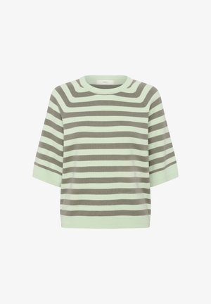 Pull en maille à manches courtes avec des rayures horizontales gris et vert menthe clair et un col rond.