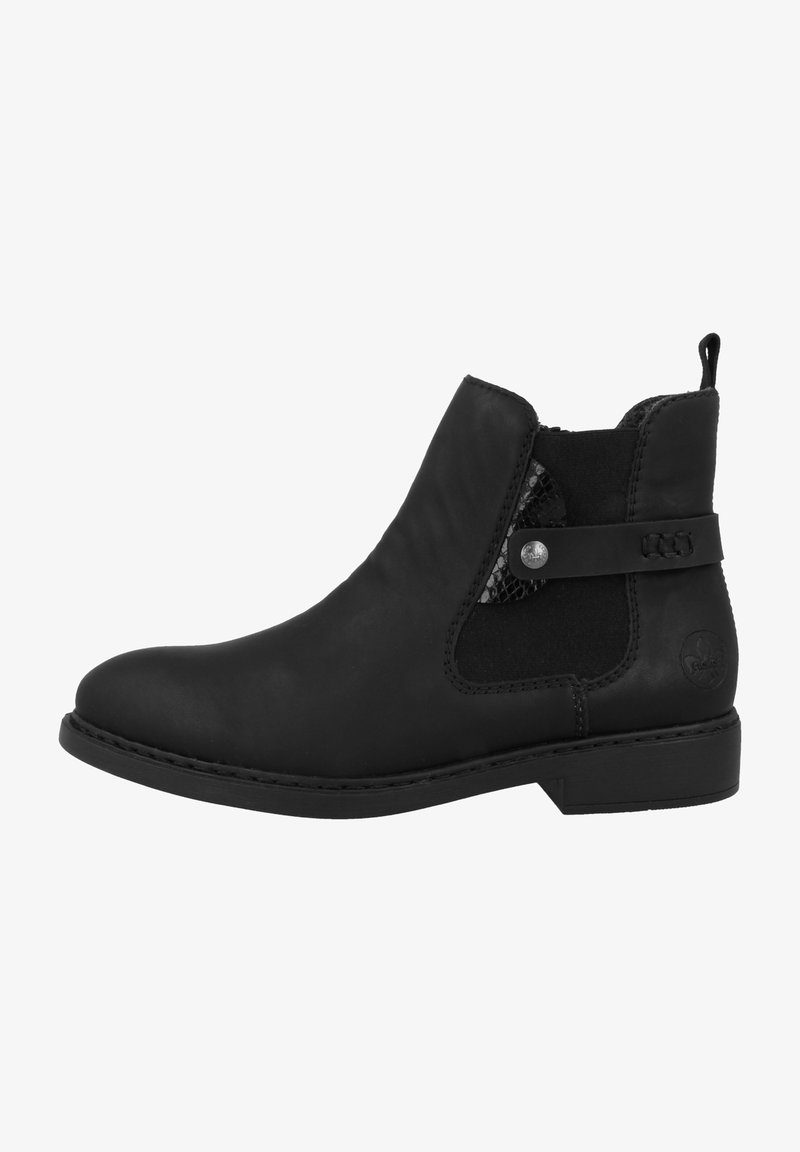 Schwarze Knöchelstiefel aus glattem Leder mit elastischen Seitenpanelen, einer abgerundeten Zehenpartie und flachem Absatz. Verfügt über einen dekorativen Riemen und ein Metall-Logo.