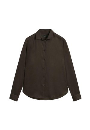 Camicia button-up marrone a maniche lunghe con colletto classico, texture liscia, orlo curvo e bottoni scuri. Realizzata in tessuto leggero.