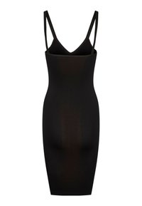 Fekete, testhez simuló ujjatlan midi ruha vékony dupla vállpántokkal és V-nyakkivágással.