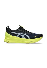 Scarpa da corsa nera e gialla con una tomaia testurizzata, design leggero, ammortizzazione in gel e dettagli riflettenti sui lati e sulla linguetta.