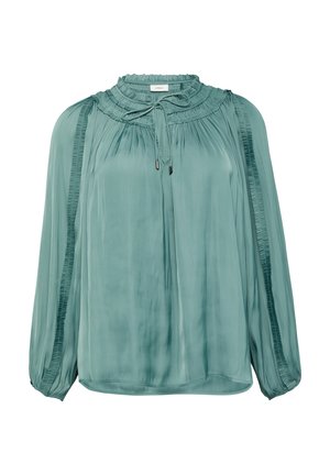 Licht teal blouse met een hoge ruches halslijn, lange pofmouwen en geplooide zijkanten. Zacht, glad materiaal met een relaxte pasvorm.