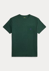 Mørkegrøn kortærmet T-shirt med rund hals og lille lilla broderet logo på venstre bryst.